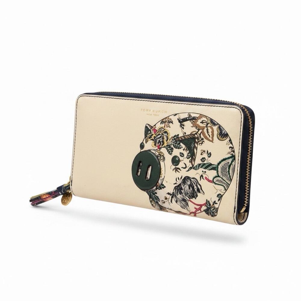 Tory Burch Peggy The Pig Continental Wallet Navy Blue Happy Times Zip Around